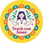Teach con Amor logo: an illustrated teacher inside a ring of colorful petals